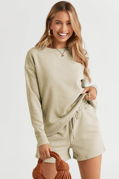 Cozy Apricot Ribbed Lounge Set with Long Sleeves and Drawstring Shorts