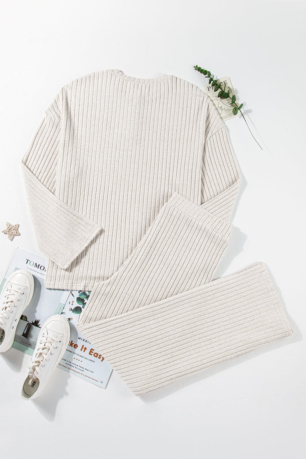 Cozy Beige Ribbed Knit Henley Top and Wide Leg Pants Ensemble