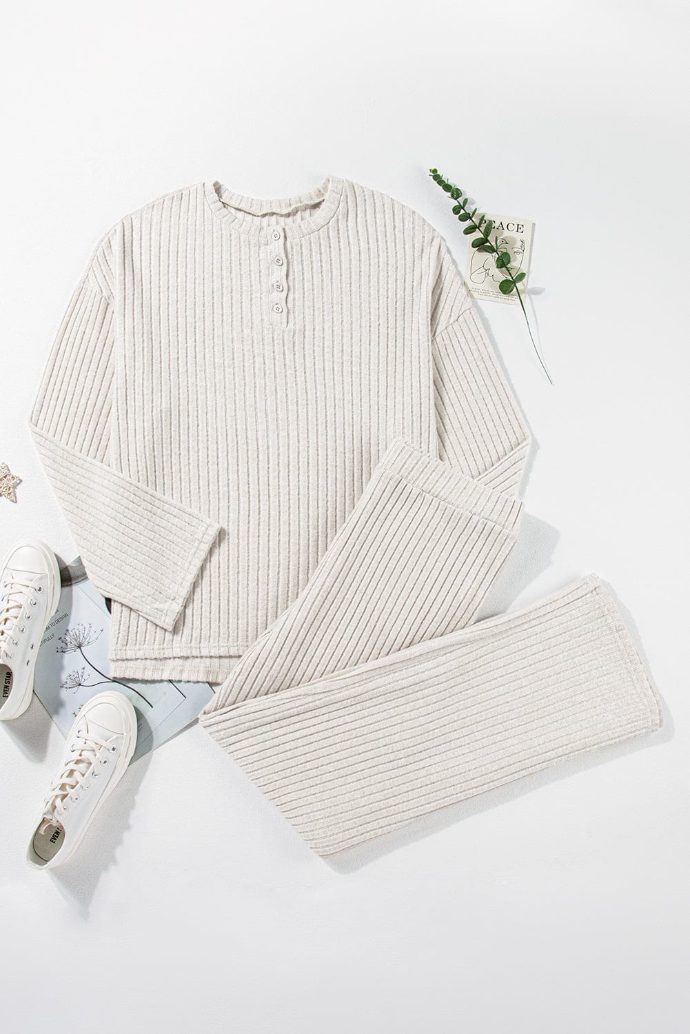 Cozy Beige Ribbed Knit Henley Top and Wide Leg Pants Ensemble