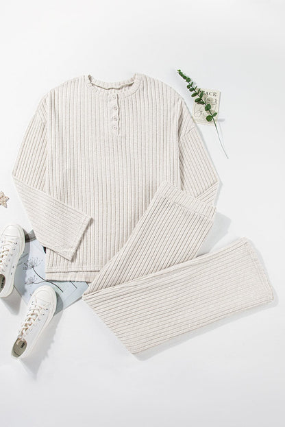 Cozy Beige Ribbed Knit Henley Top and Wide Leg Pants Ensemble