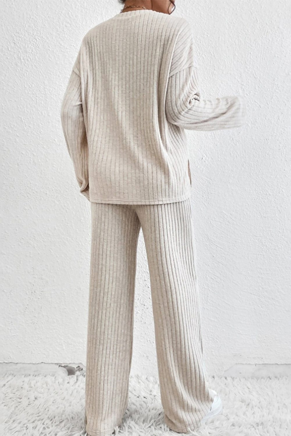 Cozy Beige Ribbed Knit Henley Top and Wide Leg Pants Ensemble