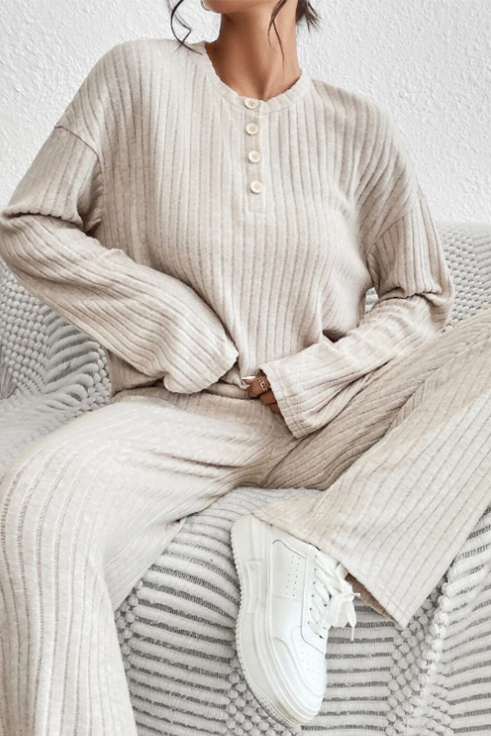 Cozy Beige Ribbed Knit Henley Top and Wide Leg Pants Ensemble