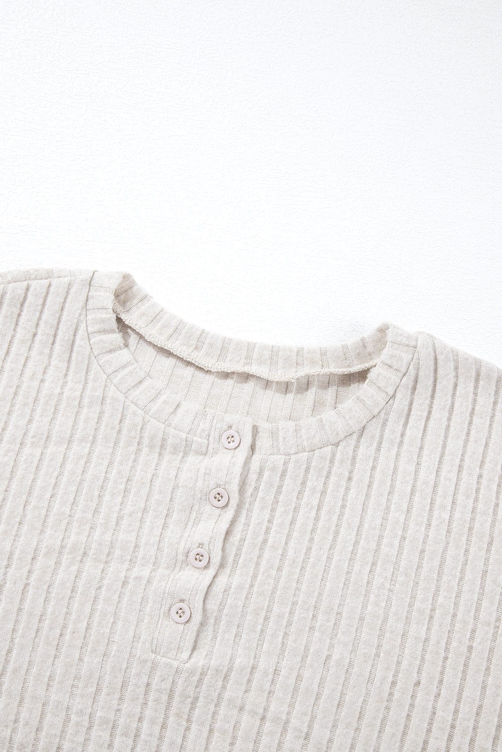 Cozy Beige Ribbed Knit Henley Top and Wide Leg Pants Ensemble