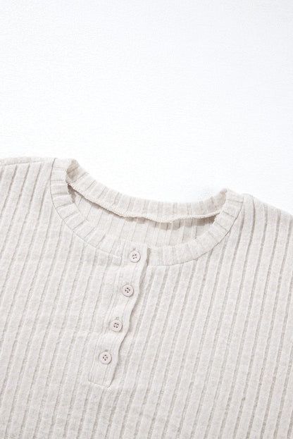 Cozy Beige Ribbed Knit Henley Top and Wide Leg Pants Ensemble
