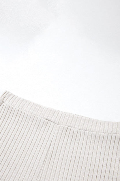 Cozy Beige Ribbed Knit Henley Top and Wide Leg Pants Ensemble