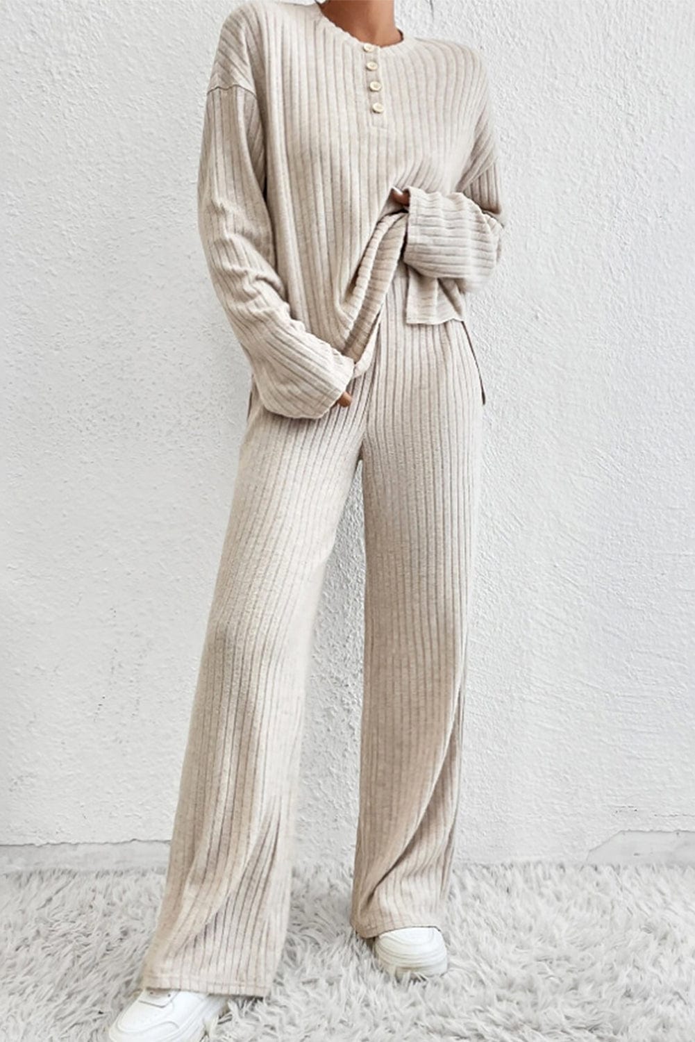 Cozy Beige Ribbed Knit Henley Top and Wide Leg Pants Ensemble