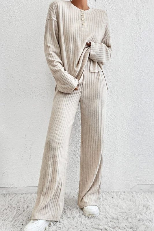 Cozy Beige Ribbed Knit Henley Top and Wide Leg Pants Ensemble