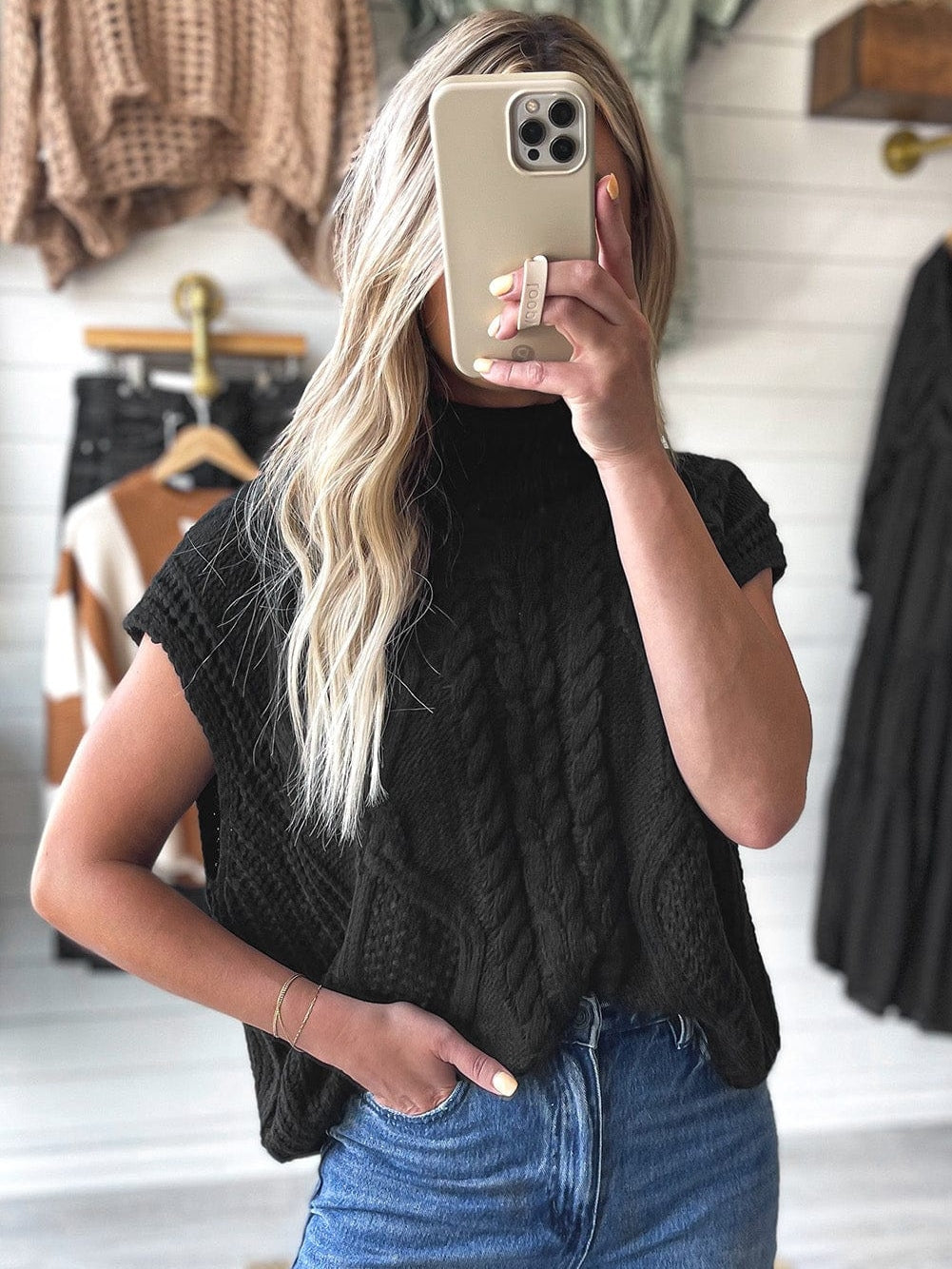 Cozy Black Cable Knit High Neck Sweater Vest
