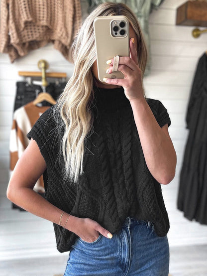 Cozy Black Cable Knit High Neck Sweater Vest
