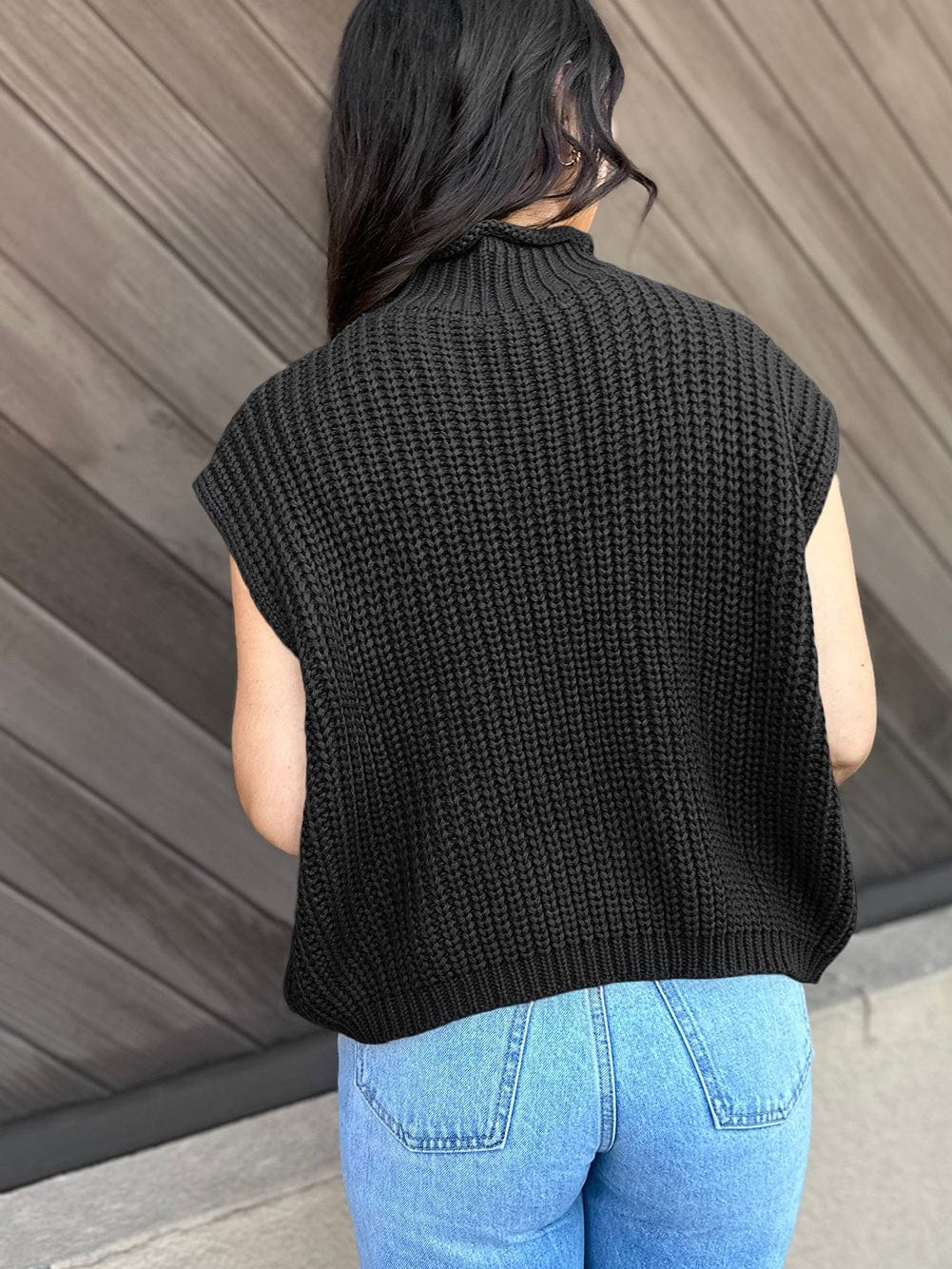 Cozy Black Cable Knit High Neck Sweater Vest