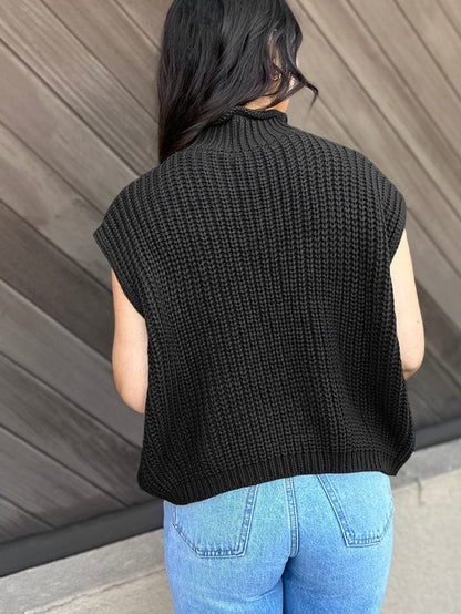 Cozy Black Cable Knit High Neck Sweater Vest