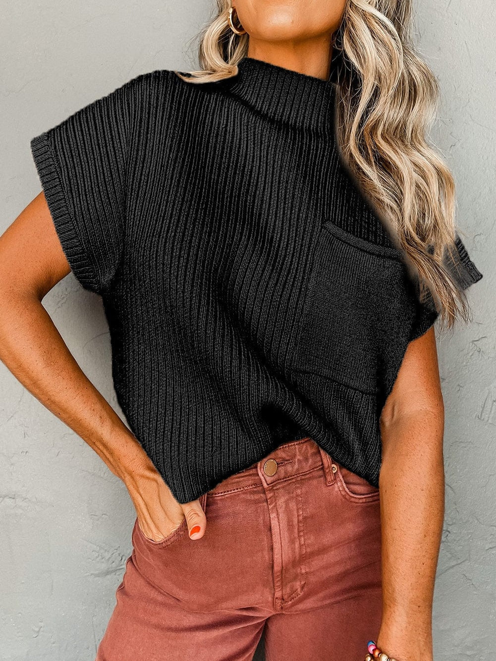 Cozy Black Ribbed Knit Sweater with Patch Pocket