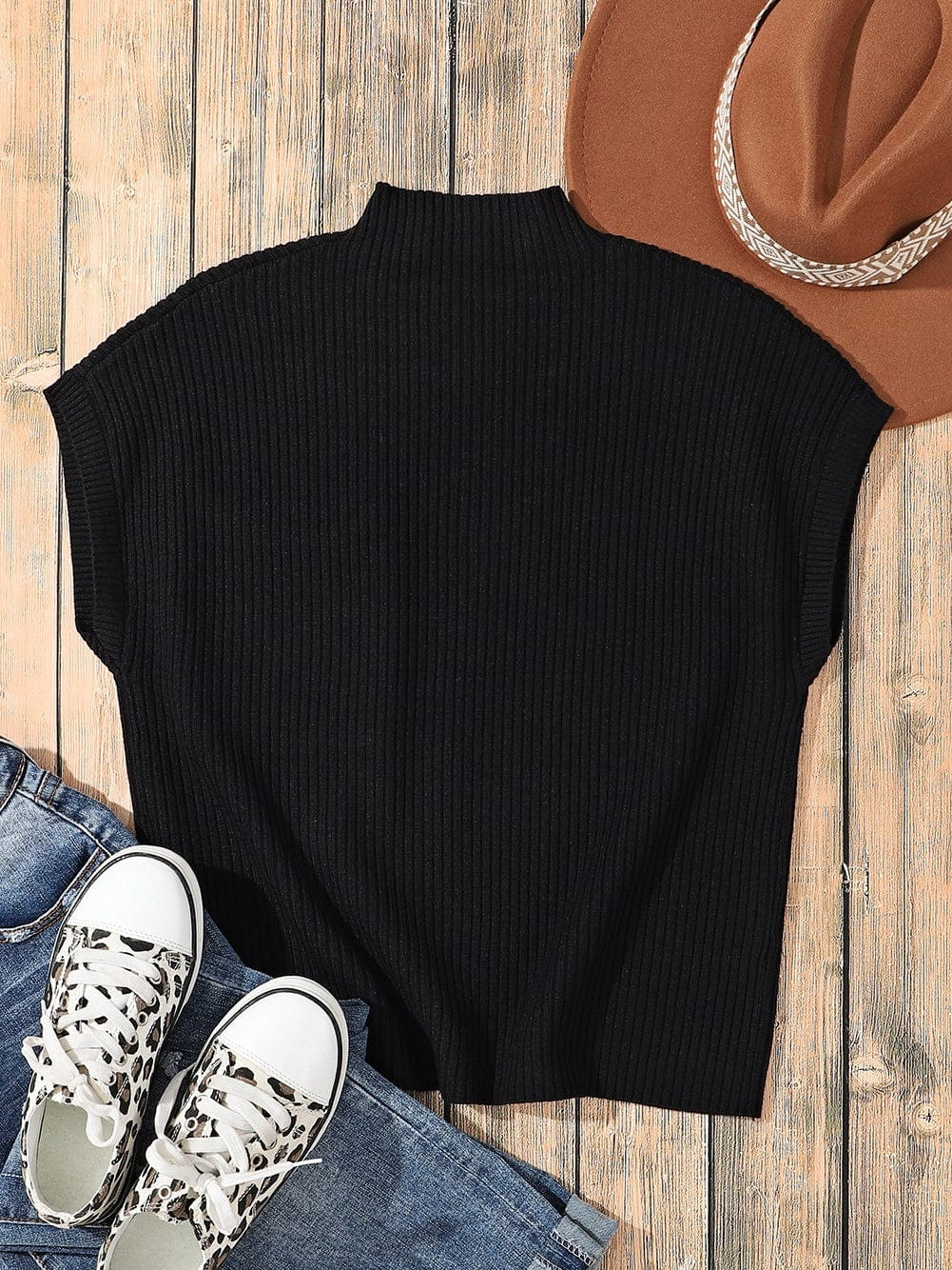 Cozy Black Ribbed Knit Sweater with Patch Pocket