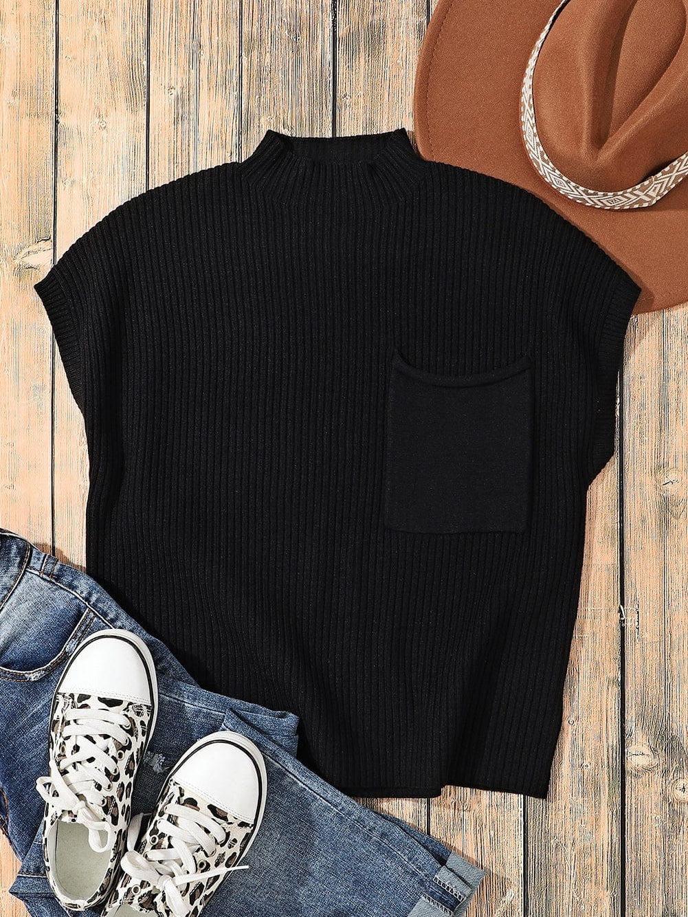 Cozy Black Ribbed Knit Sweater with Patch Pocket