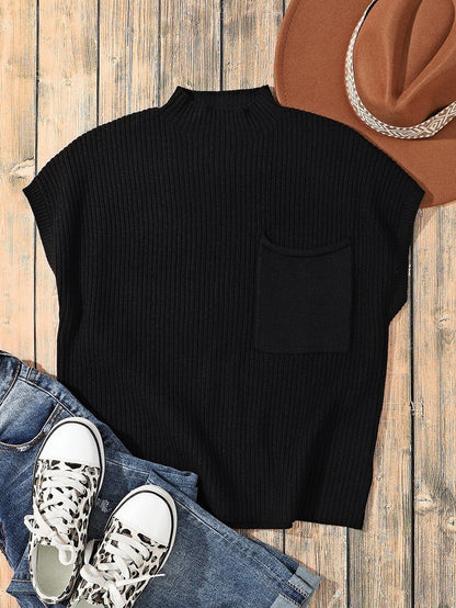 Cozy Black Ribbed Knit Sweater with Patch Pocket