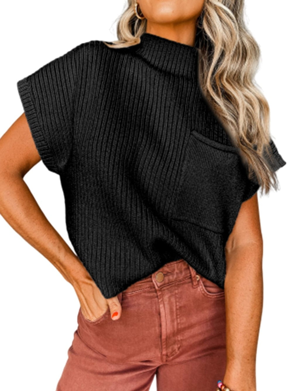 Cozy Black Ribbed Knit Sweater with Patch Pocket
