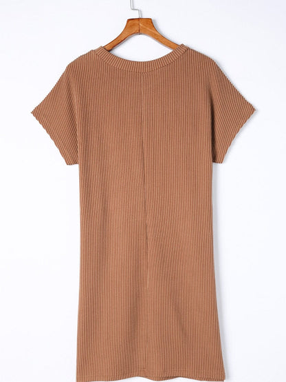 Cozy Blue Ribbed T-shirt Dress with Pocket