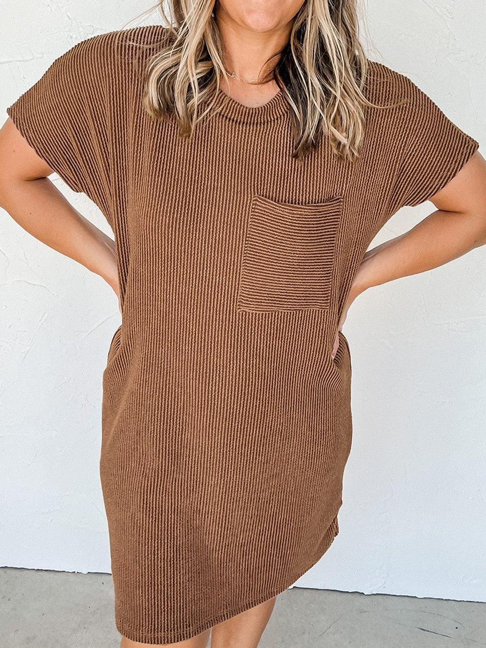 Cozy Blue Ribbed T-shirt Dress with Pocket