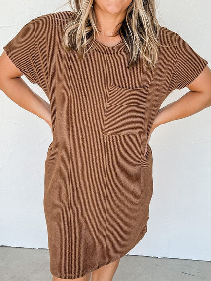 Cozy Blue Ribbed T-shirt Dress with Pocket