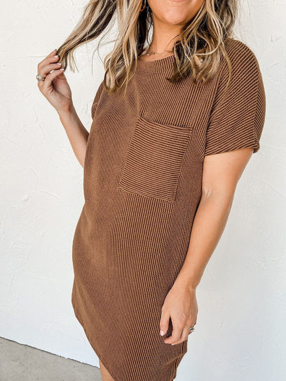 Cozy Blue Ribbed T-shirt Dress with Pocket