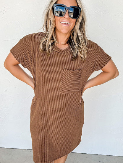 Cozy Blue Ribbed T-shirt Dress with Pocket