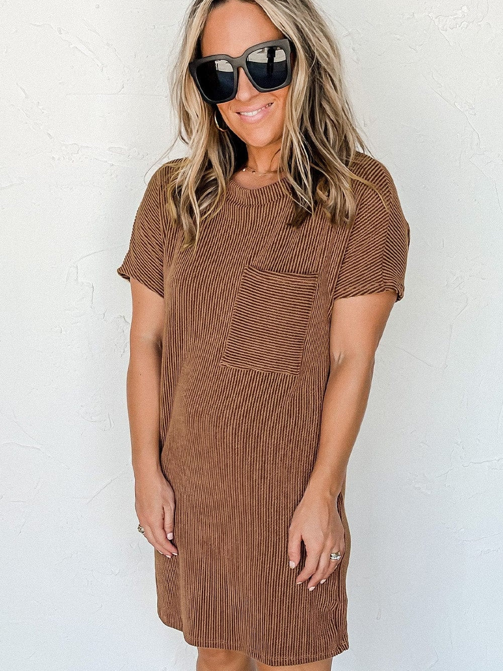 Cozy Blue Ribbed T-shirt Dress with Pocket