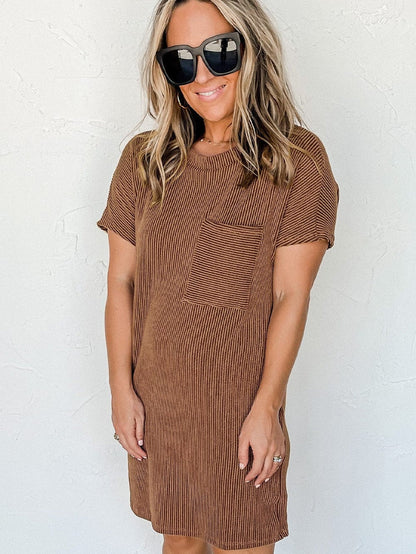 Cozy Blue Ribbed T-shirt Dress with Pocket
