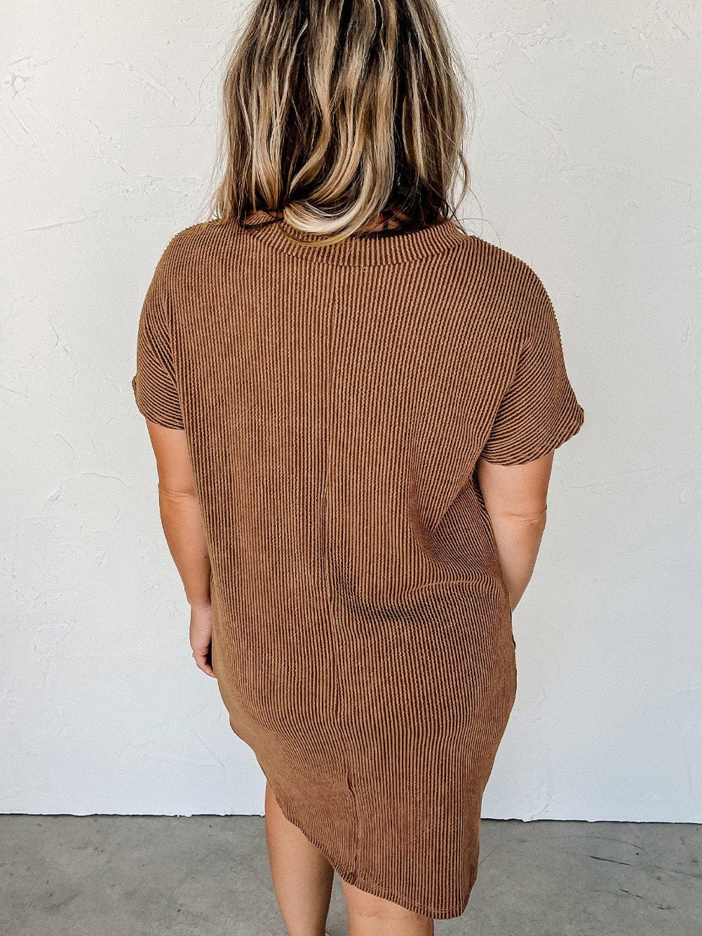 Cozy Blue Ribbed T-shirt Dress with Pocket