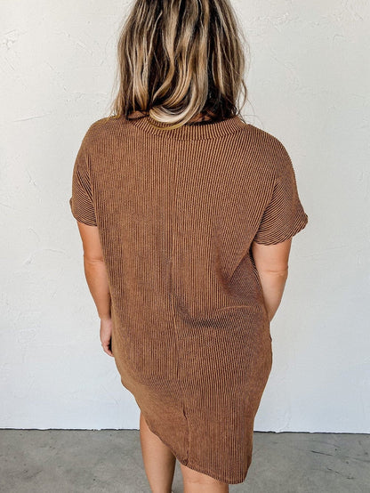 Cozy Blue Ribbed T-shirt Dress with Pocket