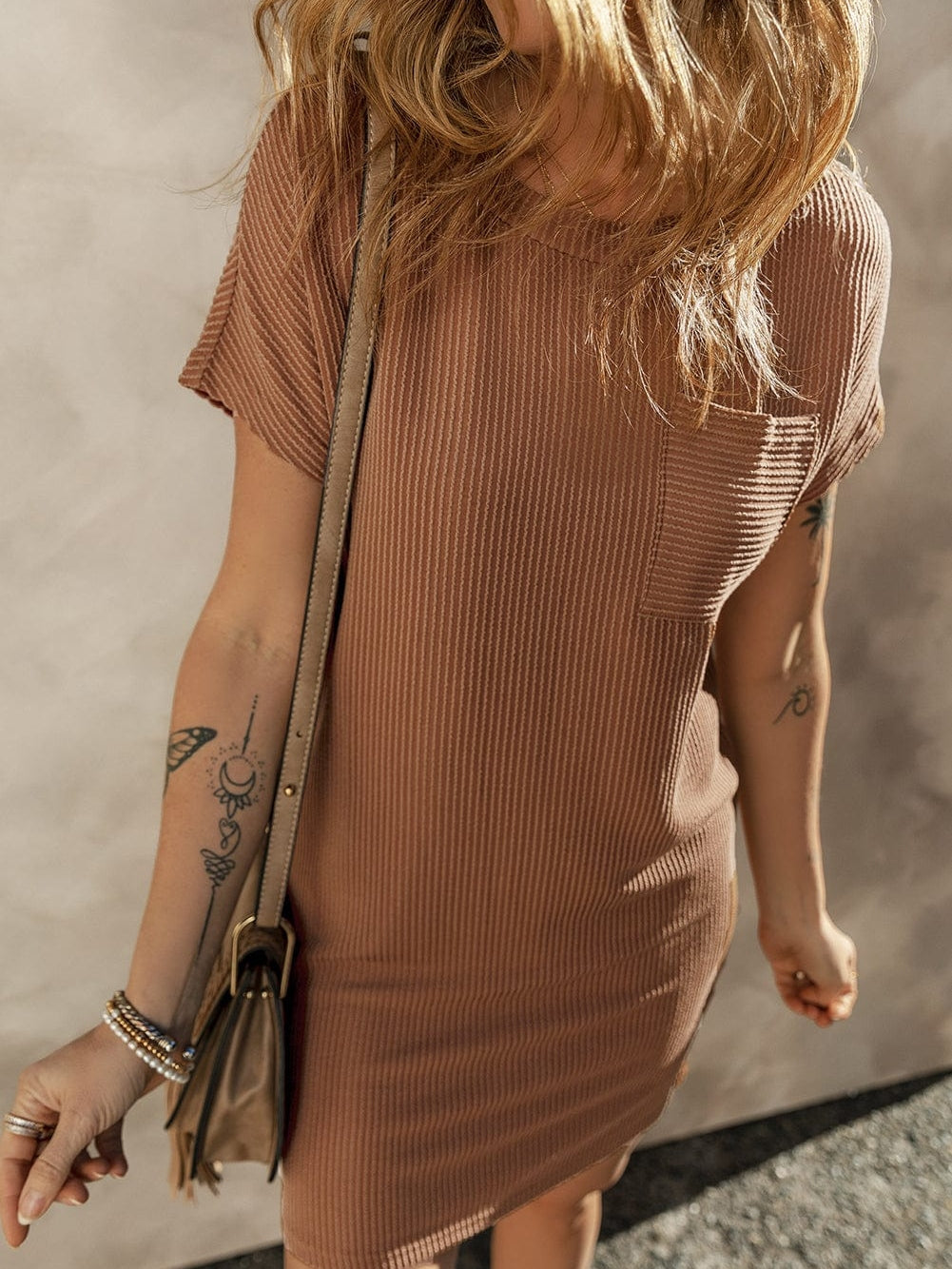 Cozy Blue Ribbed T-shirt Dress with Pocket