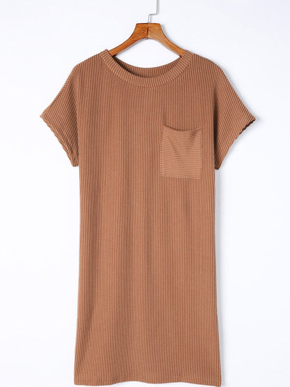 Cozy Blue Ribbed T-shirt Dress with Pocket
