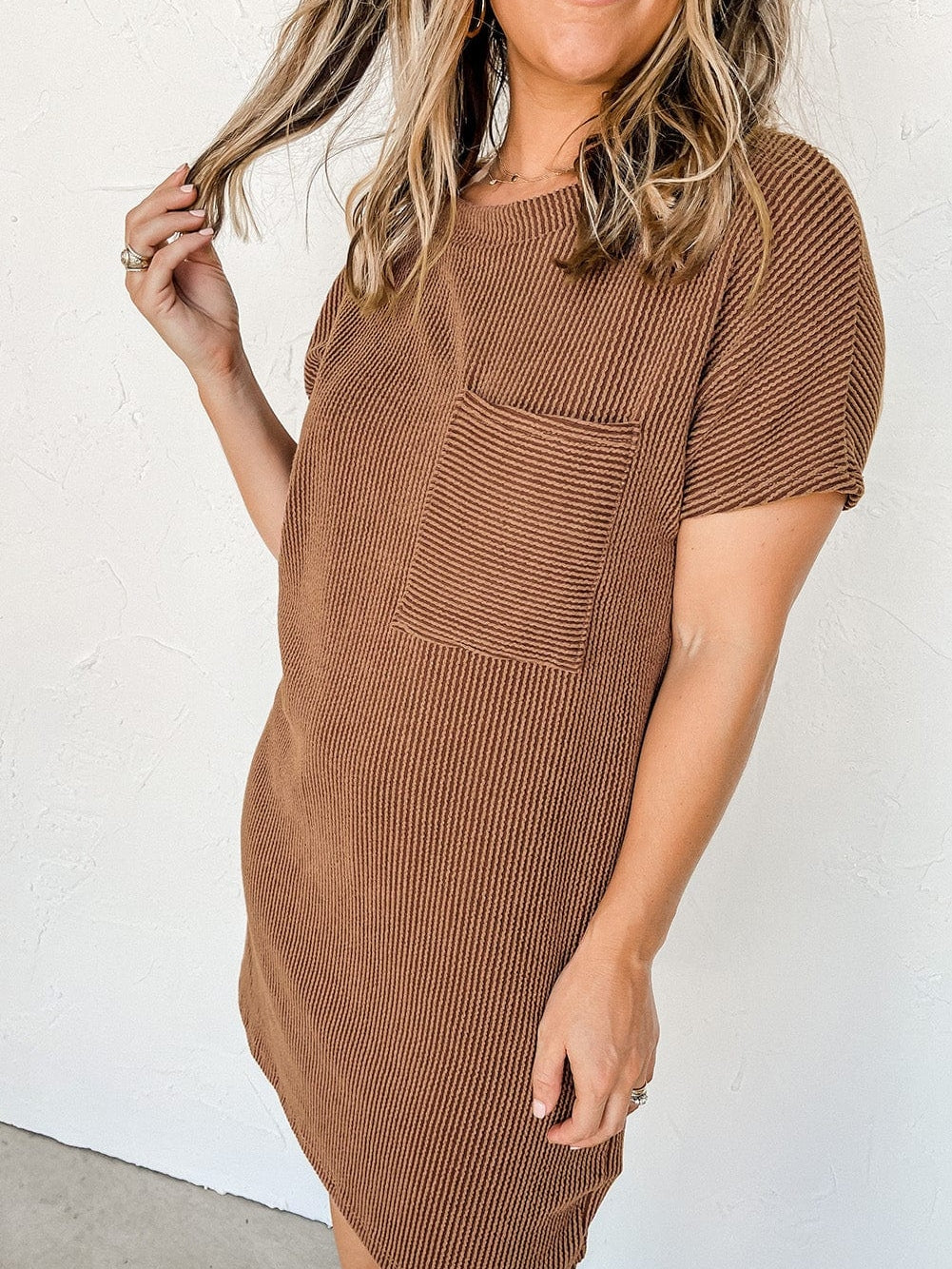 Cozy Blue Ribbed T-shirt Dress with Pocket