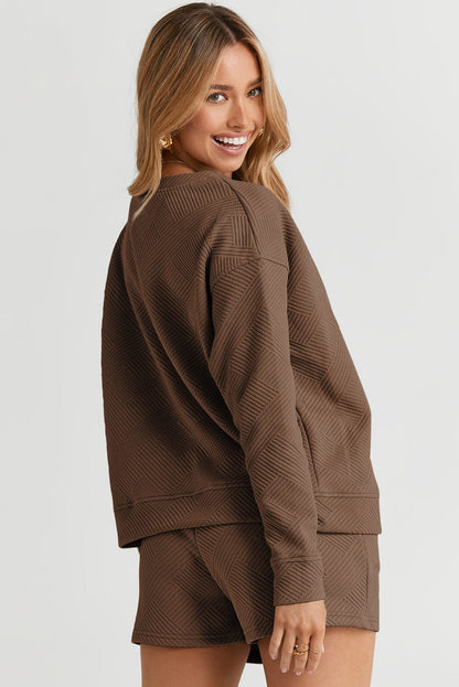 Cozy Brown Ribbed Lounge Set with Long Sleeve Top and Drawstring Shorts