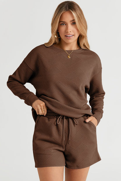 Cozy Brown Ribbed Lounge Set with Long Sleeve Top and Drawstring Shorts