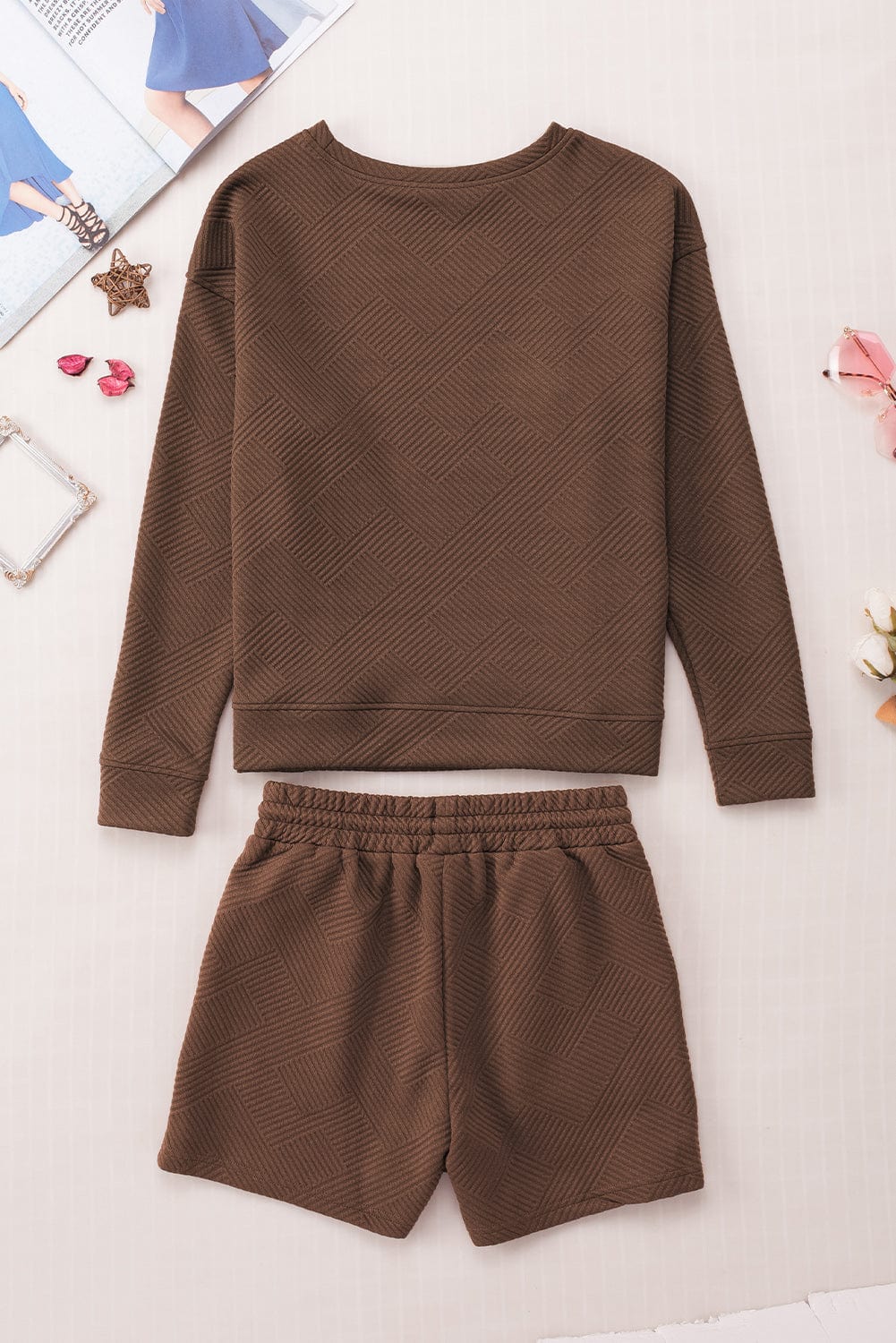 Cozy Brown Ribbed Lounge Set with Long Sleeve Top and Drawstring Shorts