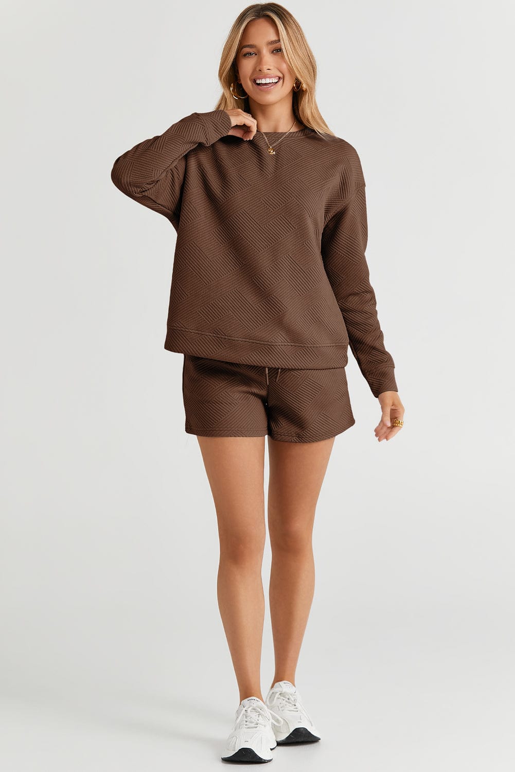 Cozy Brown Ribbed Lounge Set with Long Sleeve Top and Drawstring Shorts