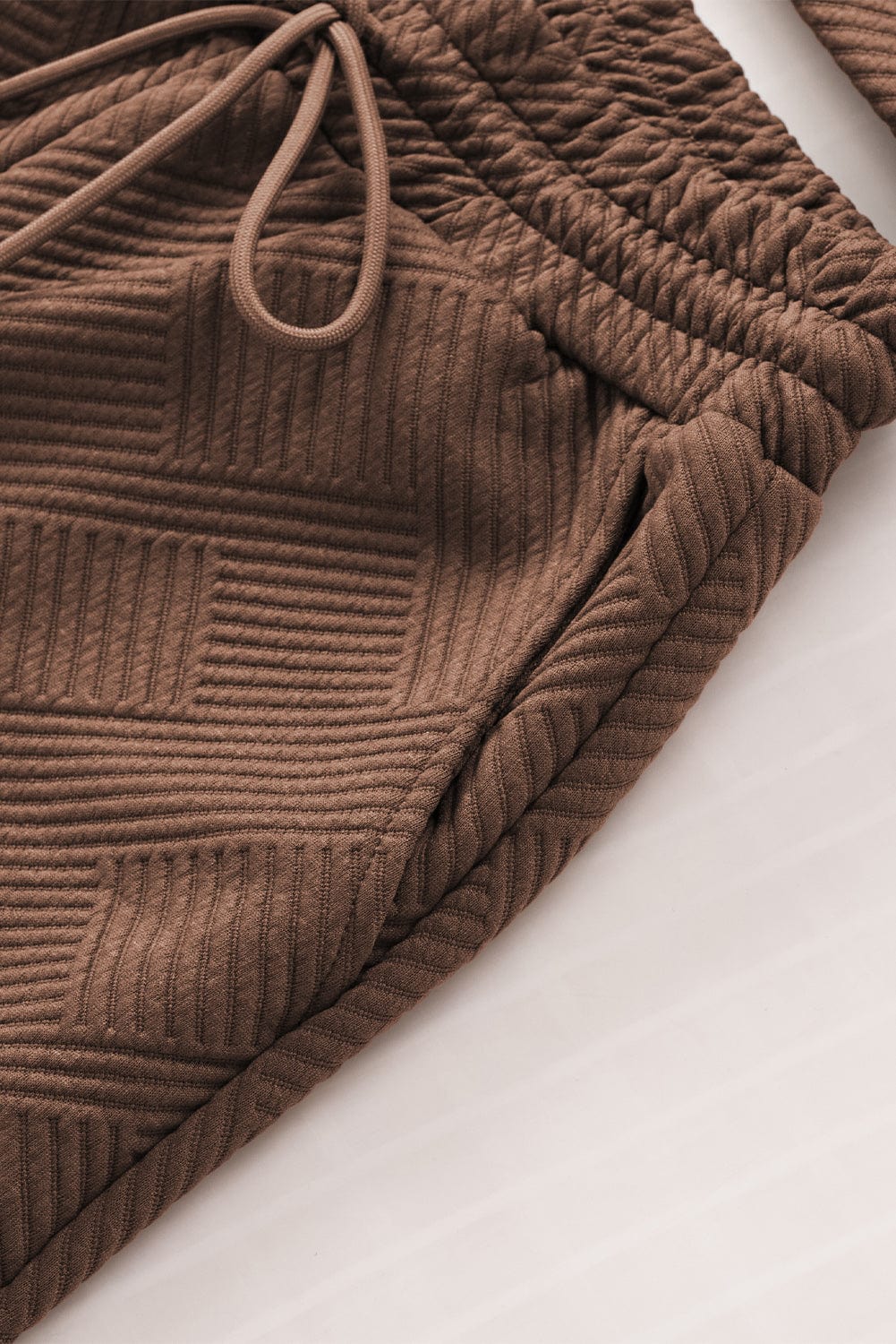 Cozy Brown Ribbed Lounge Set with Long Sleeve Top and Drawstring Shorts