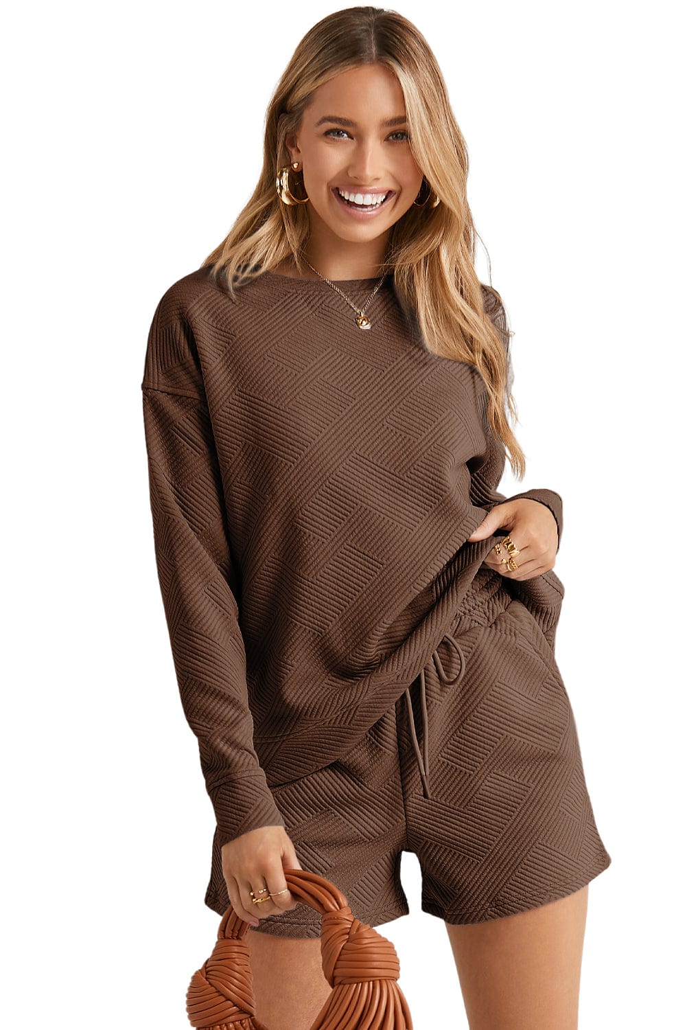 Cozy Brown Ribbed Lounge Set with Long Sleeve Top and Drawstring Shorts