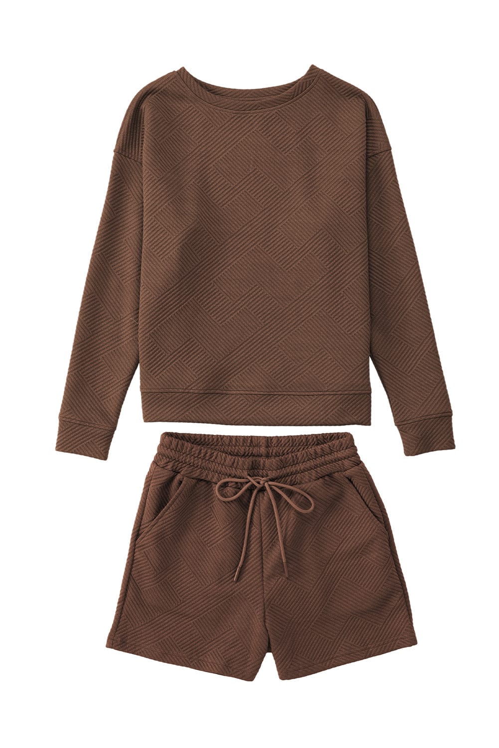 Cozy Brown Ribbed Lounge Set with Long Sleeve Top and Drawstring Shorts