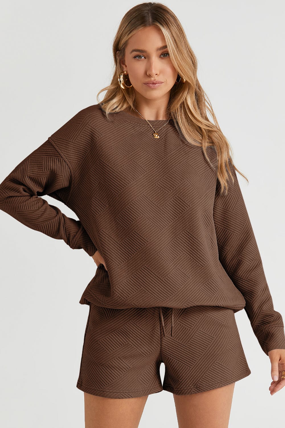 Cozy Brown Ribbed Lounge Set with Long Sleeve Top and Drawstring Shorts