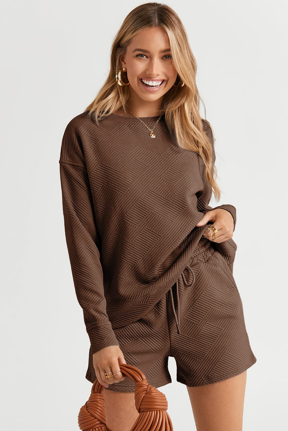 Cozy Brown Ribbed Lounge Set with Long Sleeve Top and Drawstring Shorts