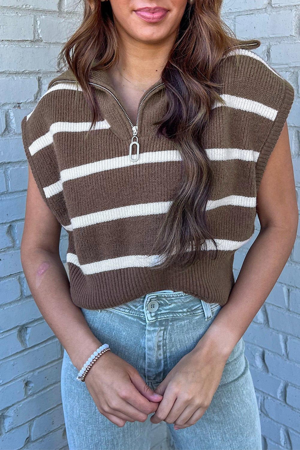 Cozy Brown Striped Zip-Up Collared Cap Sleeve Sweater Top