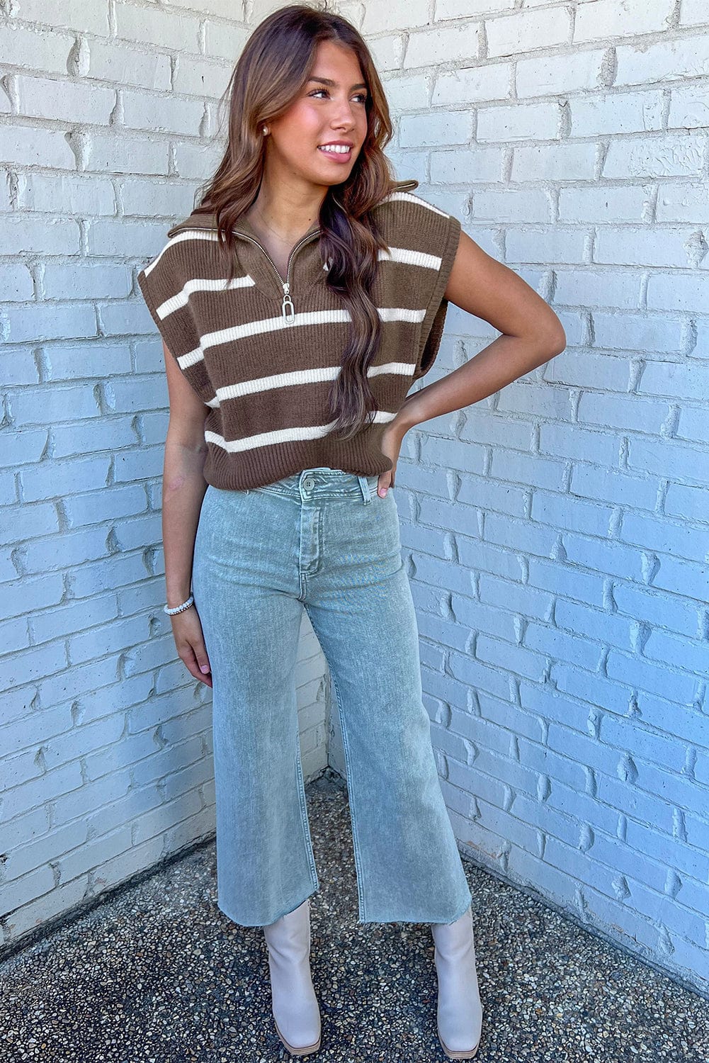 Cozy Brown Striped Zip-Up Collared Cap Sleeve Sweater Top