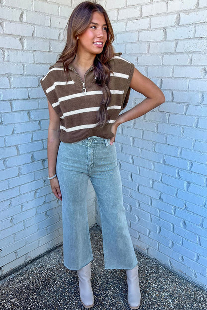 Cozy Brown Striped Zip-Up Collared Cap Sleeve Sweater Top