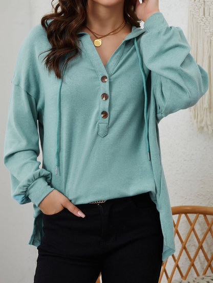 Cozy Button-Up Hooded Hemline Hoodie
