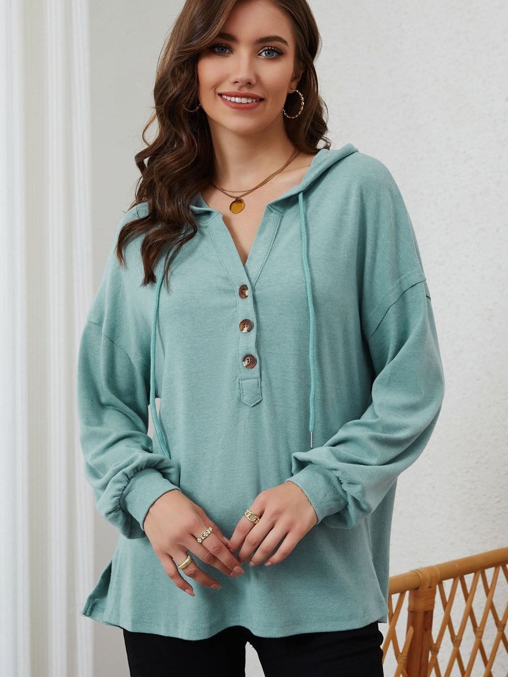 Cozy Button-Up Hooded Hemline Hoodie