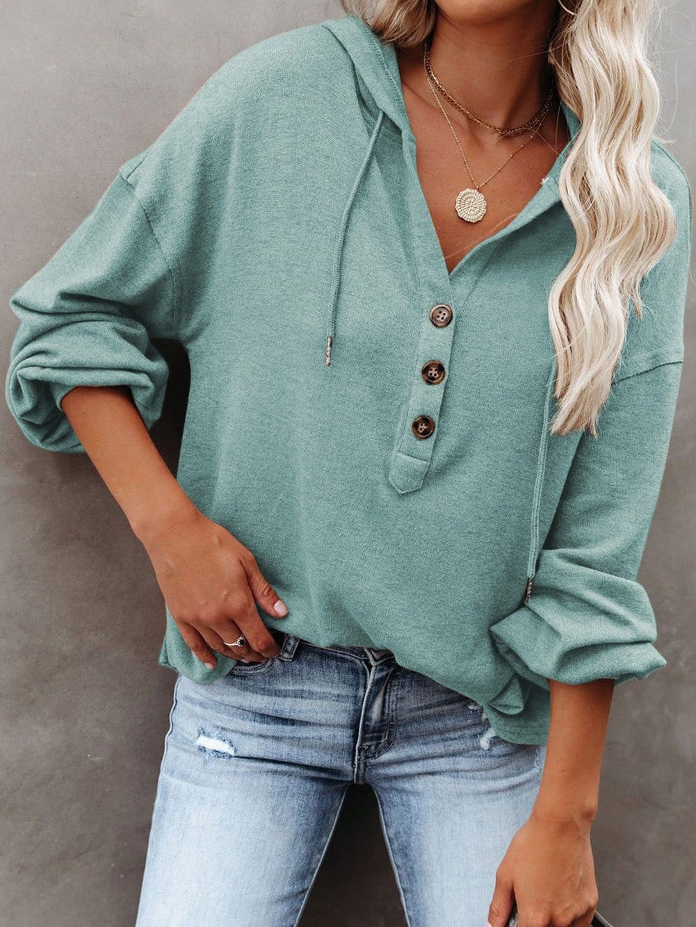 Cozy Button-Up Hooded Hemline Hoodie
