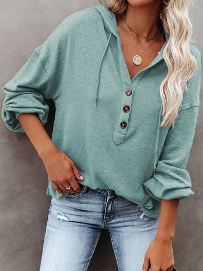 Cozy Button-Up Hooded Hemline Hoodie