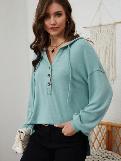 Cozy Button-Up Hooded Hemline Hoodie