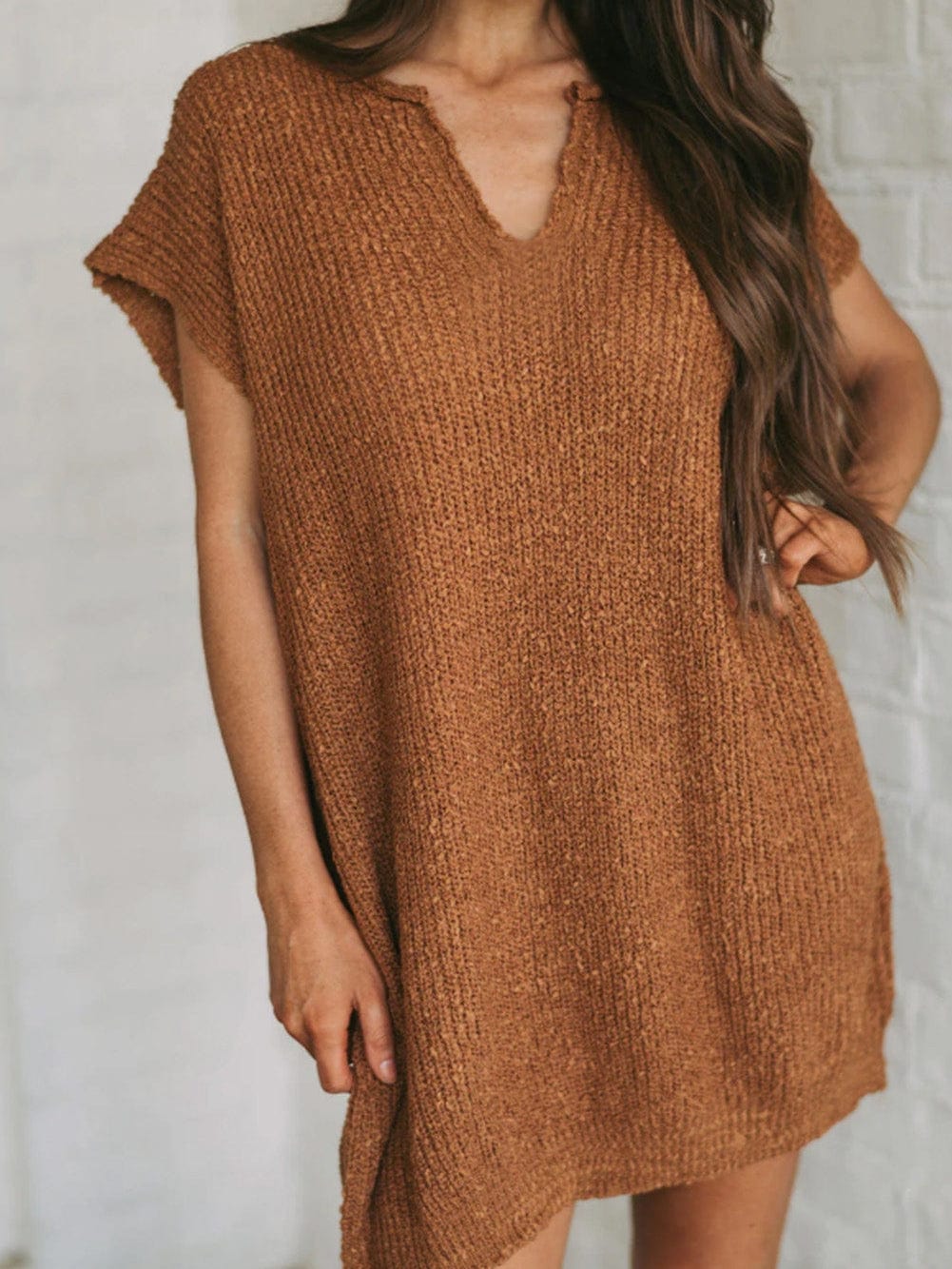 Cozy Camel Knit V-Neck Mini Sweater Dress